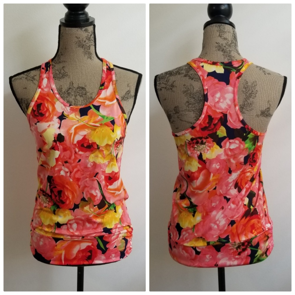 VOGO Athletica Floral Racerback Tank Top in Pink Yellow Black